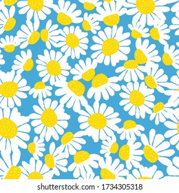 Floral seamless pattern with beautiful daisy flowers, hand-drawing. Chamomile background. Vector illustration for clothing, textile, scrapbooking.