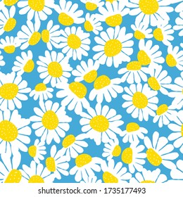 Floral seamless pattern with beautiful daisy flowers, hand-drawing. Chamomile background. Vector illustration for clothing, textile, scrapbooking.