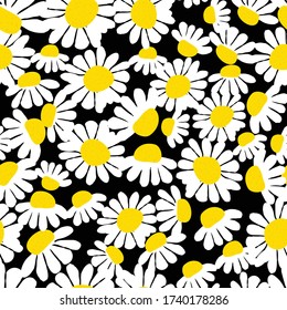 Floral seamless pattern with beautiful daisy flowers, hand-drawing. Chamomile background. Vector illustration for clothing, textile, scrapbooking.