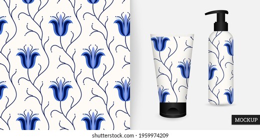 Floral seamless pattern. Beautiful flower background. Vector illustration. Elegant ornament with blooming flowers. Modern repeating texture. Design textile, paper, wallpaper, fabric. Mockup.