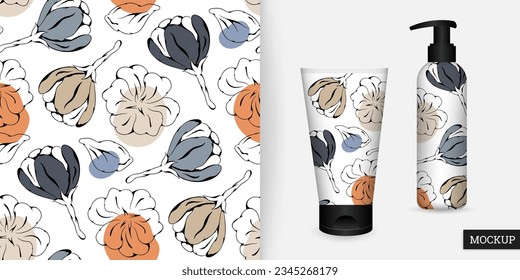 Floral seamless pattern. Beautiful flower background. Vector illustration. Modern ornament with blooming flowers. Botanical repeating texture. Design paper, wallpaper, fabric. Mockup.