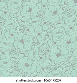 Floral seamless pattern with beautiful flowers on mint background, vector illustration