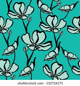 Blumennahtloses Muster mit schönen Blumen, handgezeichnet. Vektorgrafik.