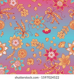 Floral seamless pattern with beautiful flowers, leaves and berries on gradient background. 