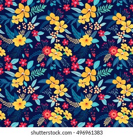 Floral seamless pattern with beautiful flowers. Tropical design. Exotic flowers and leaves. Colorful pattern for summer fashion prints. Blooming jungle. White background. Vector illustration.