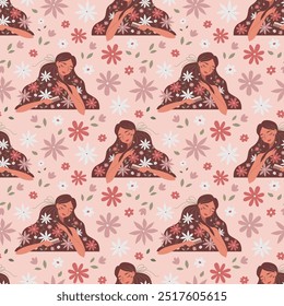 Floral seamless pattern with beautiful girls combs hair. Nice young women portraits among blooming flowers. Beauty and self-care wallpaper.Repeat vector texture.