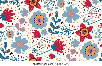 Floral seamless pattern. Beautiful herbs and flowers, floral elements. Background for fashion prints. 