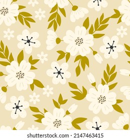 Patrón floral sin fisuras. Hermosas flores claras sobre un fondo beige. Textura vectorial. Ramo de primavera o verano.