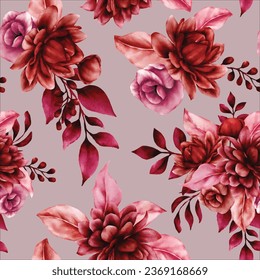 floral seamless pattern with beautiful maroon flower and leaves