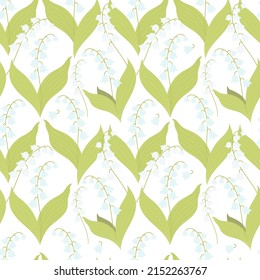 Floral Seamless pattern with beautiful May lilies of the valley on white background. Vector illustration. Spring pattern with forest flowers for design, packaging, wallpaper, decor and decoration