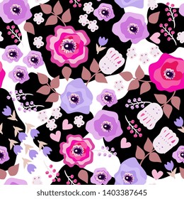 Floral seamless pattern. Beautiful painted flowers in folk style on black and white background.