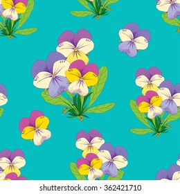 Floral seamless pattern with beautiful Pansy. Hand drawn vector illustration for design of fabric, print, wrapping and other.