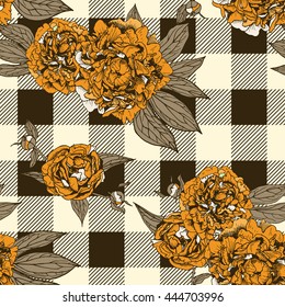 floral seamless pattern with beautiful peonies and checkered background