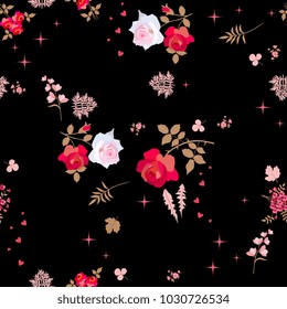 Floral seamless pattern. Beautiful pink and red flowers on black background. Fashion print for fabric. Vector illustration.