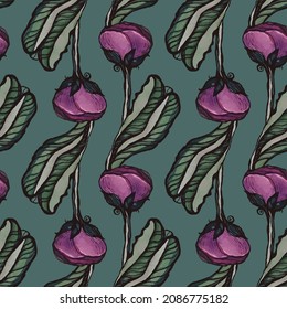 Floral sin costura con hermosas flores rosadas. Diseño tropical. Flores exóticas. Patrón para las impresiones de moda de verano. La jungla floreciente. Fondo azul oscuro. Ilustración vectorial. Millefleurs.