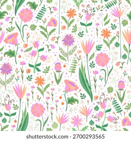 Patrón floral sin fisuras con hermosas flores de color rosa, hojas verdes y puntos de colores sobre fondo blanco. 