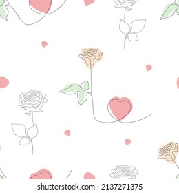 Floral seamless pattern. Beautiful rose with one line heart on white background. Vector illustration. Botanical pattern line art for decor, design, print, packaging, wallpaper and textile.