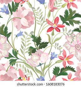 Floral seamless pattern. Beautiful spring summer background with tropical flowers, palm leaves. Gentle flower tile wallpaper for bedclothes design in hawaiian style.