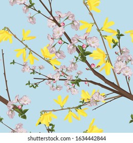 Floral seamless pattern. Beautiful spring background with sakura and Forsythia flowers branches. Gentle flower tile wallpaper for bedclothes design.
