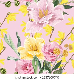Floral seamless pattern. Beautiful spring summer background with garden flowers. Gentle flower tile wallpaper for bedclothes design. Pink colors.