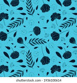 Floral seamless pattern. Beautiful texture for print, fabric, textile, wallpaper. Hand drawn ink illustration in line art style. Isolated white on dark background.