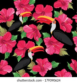 Floral seamless pattern with beautiful toucans, hand-drawing.