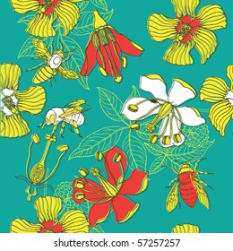 floral seamless pattern with bee and blackberry