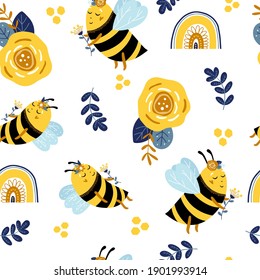 Patrón floral sin fisuras con abejas y arcos, elementos dibujados a mano. El fondo del vector es transparente.