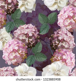 Floral seamless pattern with begonia and hydrangea vector illustration