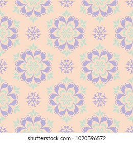 Floral seamless pattern. Beige background with violet and blue flower elements for wallpapers, textile and fabrics