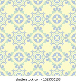 Floral seamless pattern. Beige background with light blue and green flower elements for wallpapers, textile and fabrics