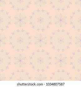 Floral seamless pattern. Beige background with violet and blue flower elements for wallpapers, textile and fabrics