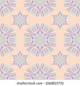 Floral seamless pattern. Beige background with violet and blue flower elements for wallpapers, textile and fabrics