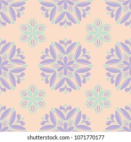 Floral seamless pattern. Beige background with violet and blue flower elements for wallpapers, textile and fabrics