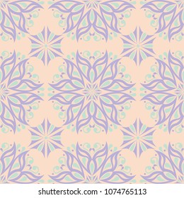 Floral seamless pattern. Beige background with violet and blue flower elements for wallpapers, textile and fabrics