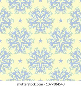 Floral seamless pattern. Beige background with light blue and green flower elements for wallpapers, textile and fabrics
