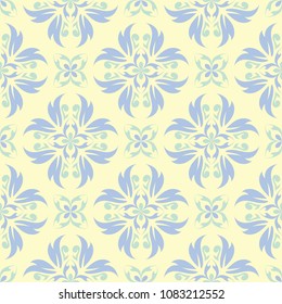 Floral seamless pattern. Beige background with light blue and green flower elements for wallpapers, textile and fabrics
