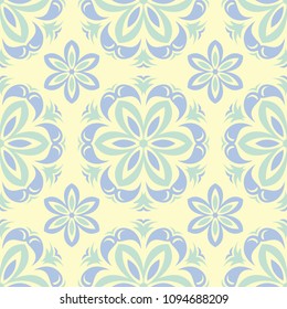 Floral seamless pattern. Beige background with light blue and green flower elements for wallpapers, textile and fabrics