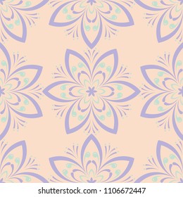 Floral seamless pattern. Beige background with violet and blue flower elements for wallpapers, textile and fabrics
