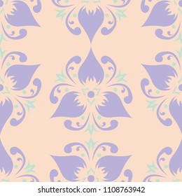 Floral seamless pattern. Beige background with violet and blue flower elements for wallpapers, textile and fabrics