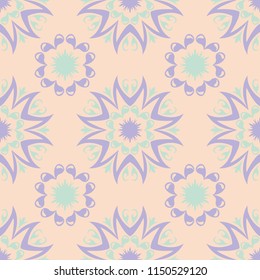 Floral seamless pattern. Beige background with violet and blue flower elements for wallpapers, textile and fabrics