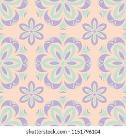 Floral seamless pattern. Beige background with violet and blue flower elements for wallpapers, textile and fabrics