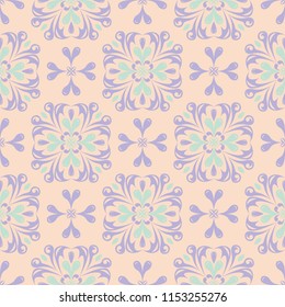 Floral seamless pattern. Beige background with violet and blue flower elements for wallpapers, textile and fabrics