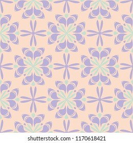 Floral seamless pattern. Beige background with violet and blue flower elements for wallpapers, textile and fabrics