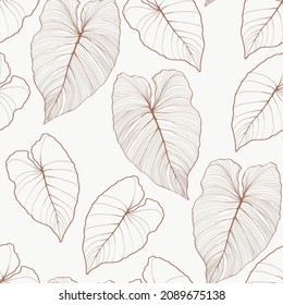 Floral seamless pattern, beige split-leaf Philodendron plant on white background, line art ink drawing.