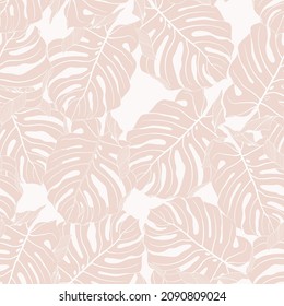 Floral seamless pattern, beige split-leaf Philodendron monstera plant on white background, line art ink drawing.