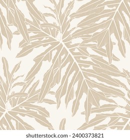 Floral seamless pattern, beige split-leaf Philodendron monstera plant  background, line art ink drawing.