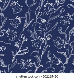 Floral seamless pattern with bell flower. Natural background with leaves, plants, ladybird and flying butterfly. Vector illustration in cute children's style. Design for textile, wrapping, wallpapers