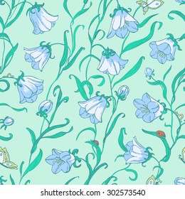 Floral seamless pattern with bell flower. Natural background with leaves, plants, ladybird and flying butterfly. Vector illustration in cute children's style. Design for textile, wrapping, wallpapers