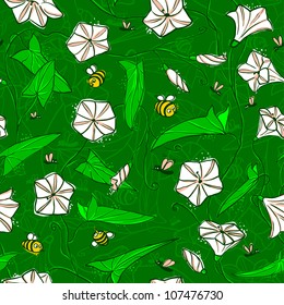 Floral seamless pattern with bellflower and bees
